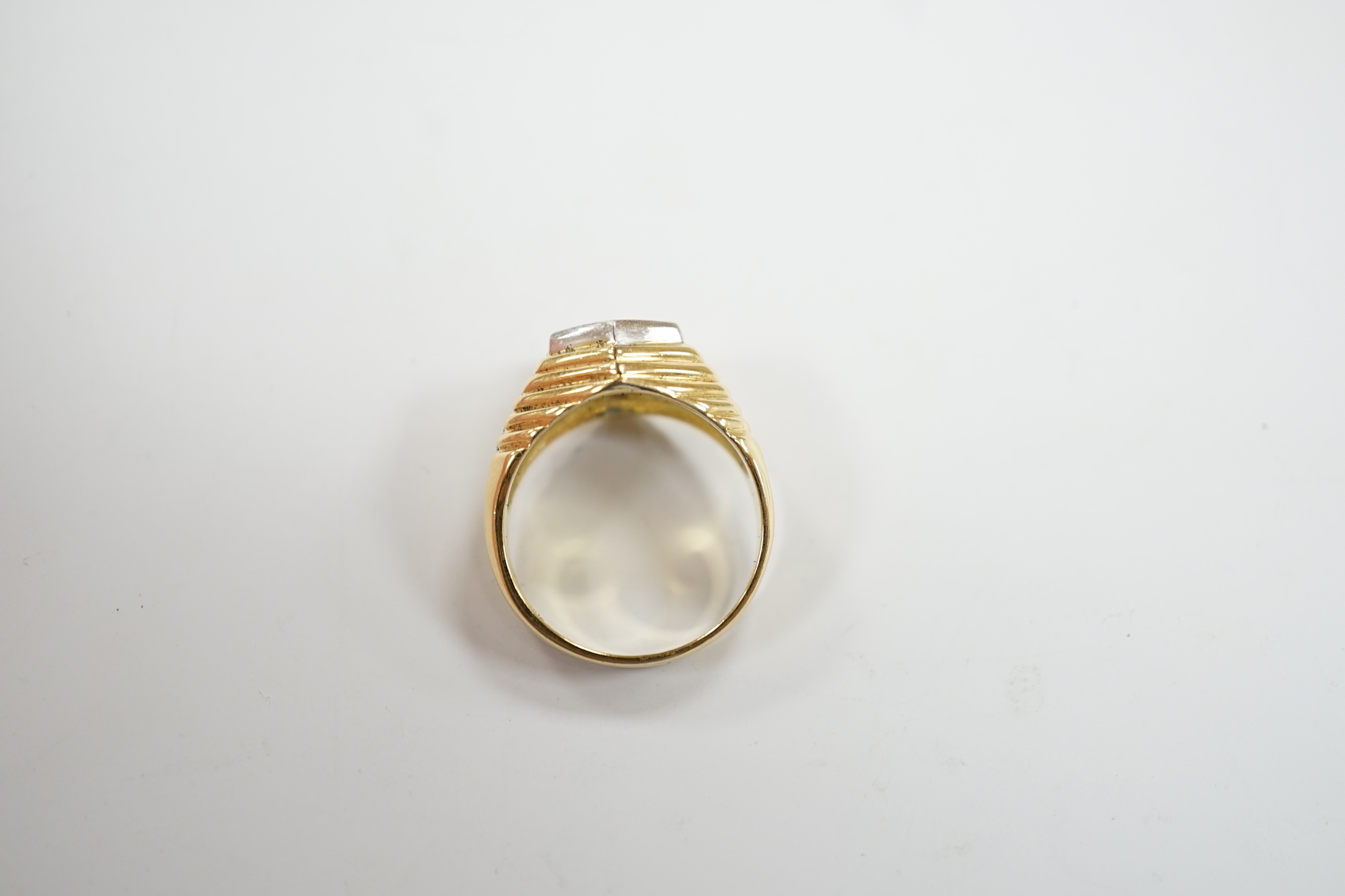 A modern 18ct gold and diamond set hexagonal cluster ring, size Q, gross weight 11.3 grams.